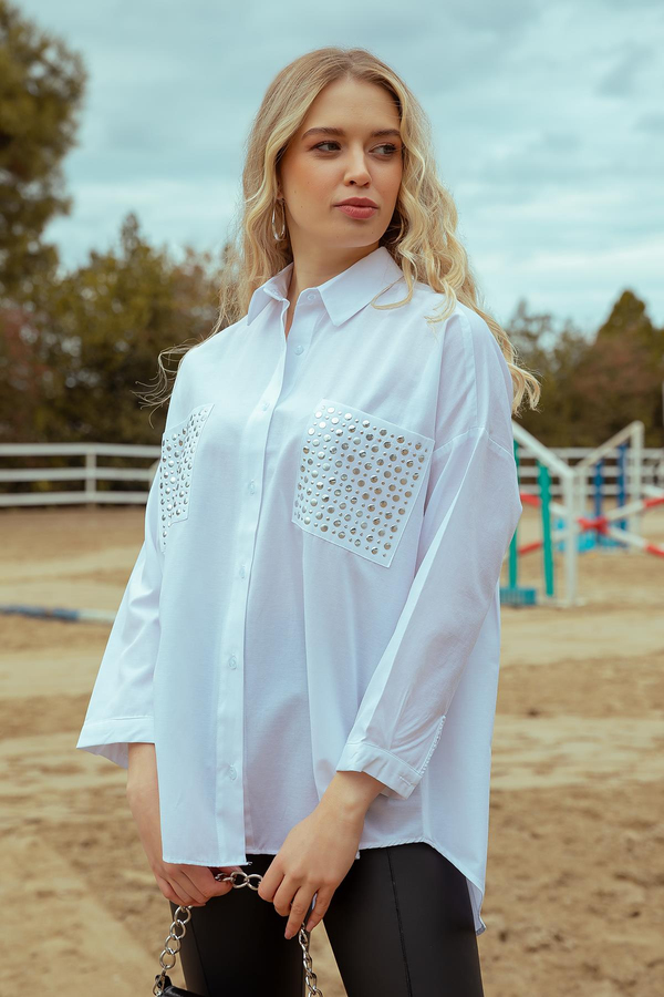 Oversize Taşlı Gömlek - BEYAZ