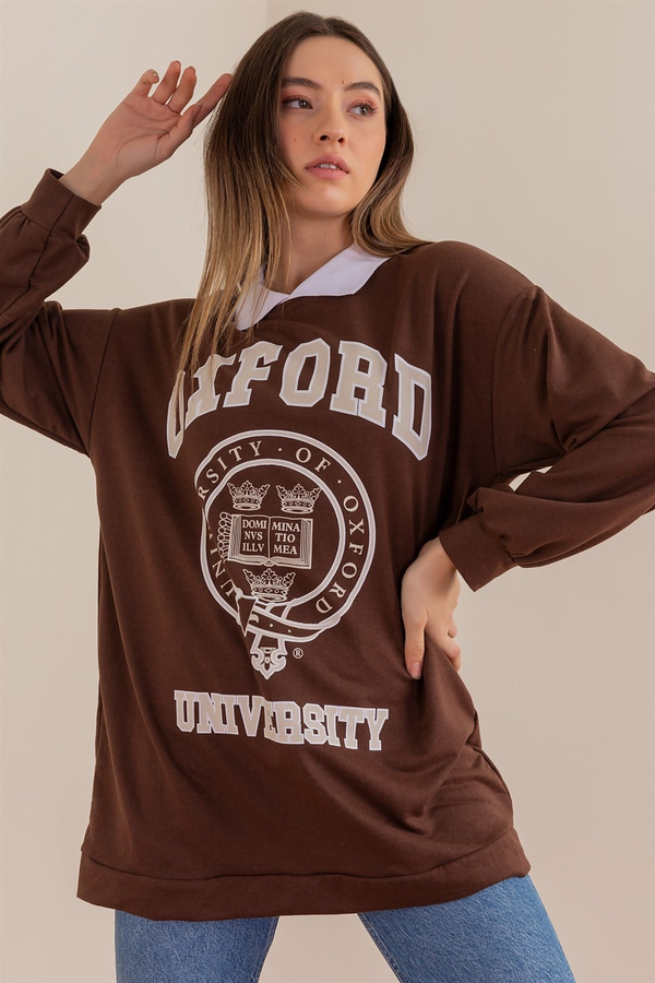 Oxford Yazılı Sweat - KAHVERENGİ