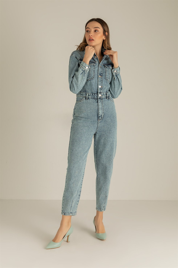 Paça Pensli Denim Tulum-24021 - BUZ MAVİ