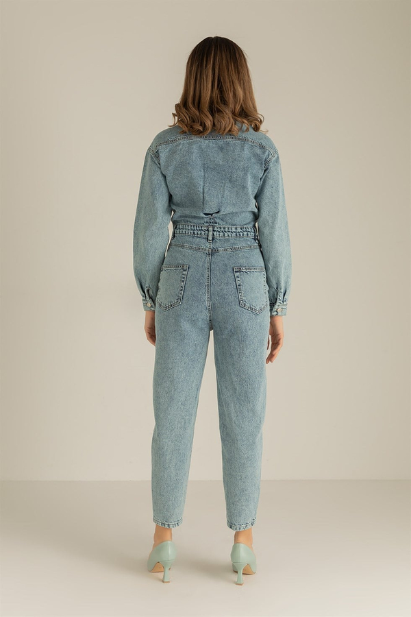Paça Pensli Denim Tulum-24021 - BUZ MAVİ