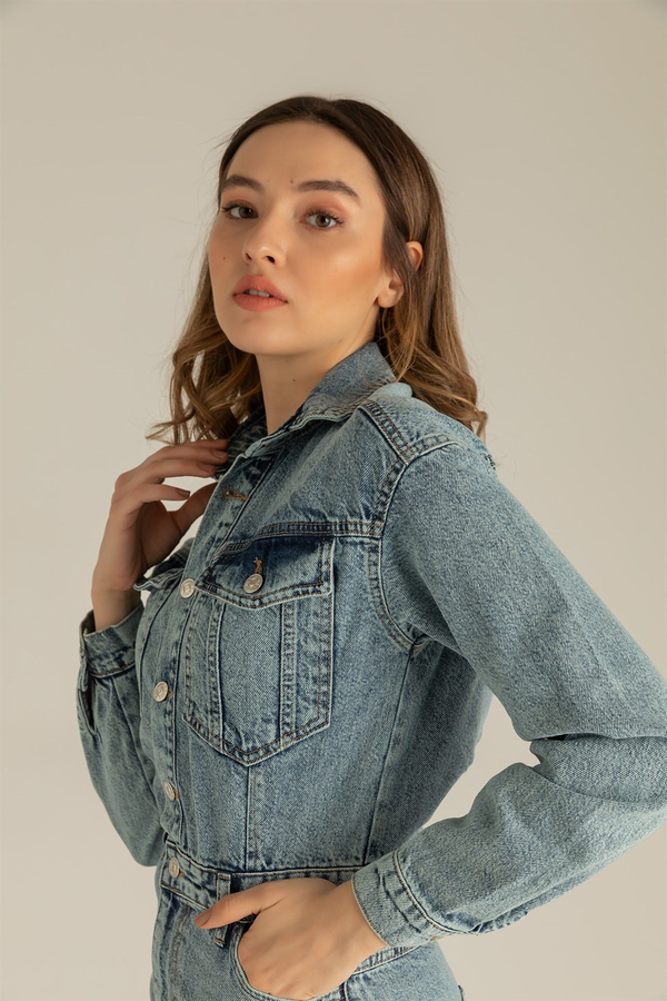 Paça Pensli Denim Tulum-24021 - BUZ MAVİ