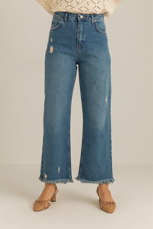 Paça Püskül Jean Pantolon - MAVİ