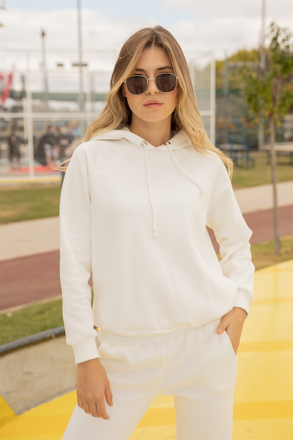 Pamuklu Kapüşonlu Sweat - BEYAZ