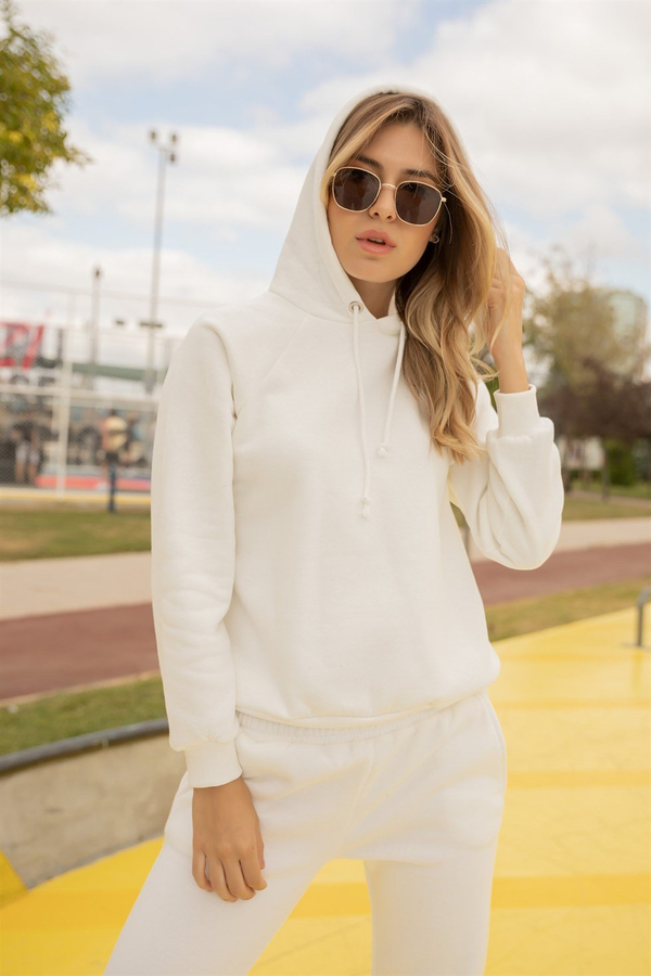 Pamuklu Kapüşonlu Sweat - BEYAZ