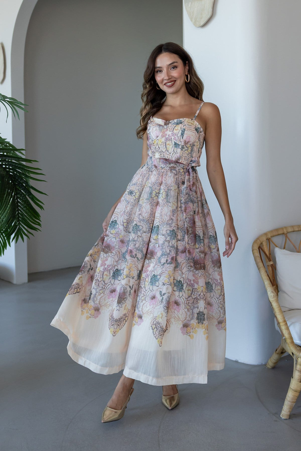 Pastel Çiçek Desenli Elbise - PUDRA