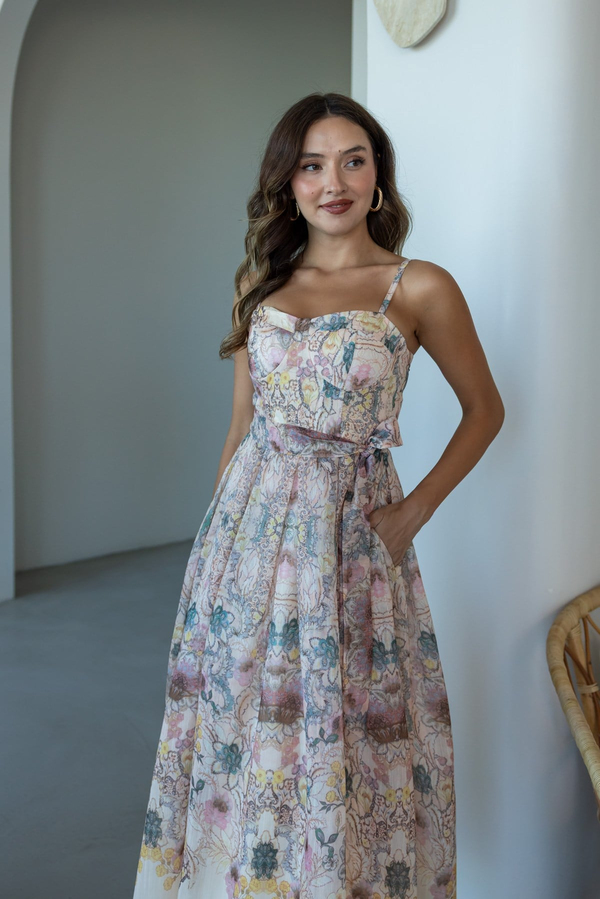 Pastel Çiçek Desenli Elbise - PUDRA