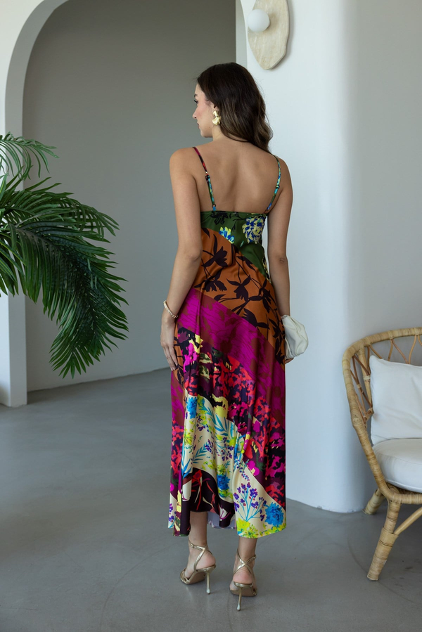 Patchwork Desenli Saten Elbise - YEŞİL