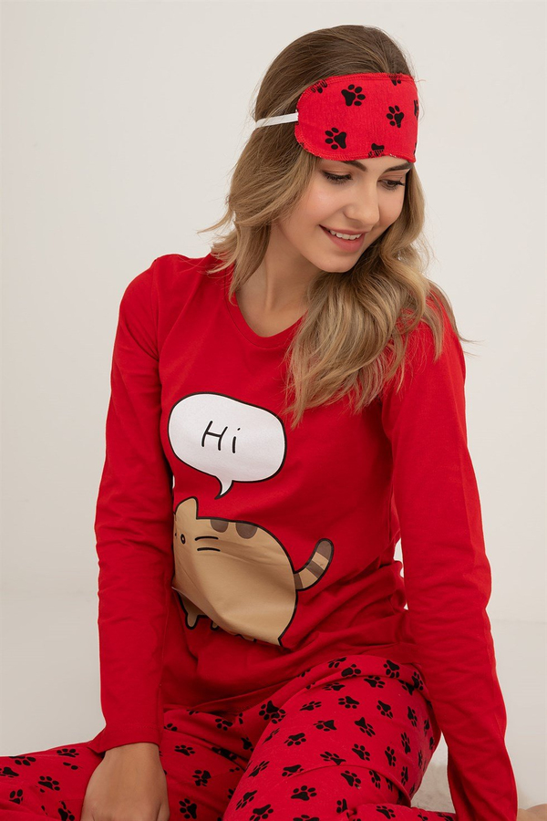 Patili Baskılı Pijama Takımı - KIRMIZI
