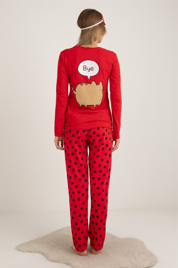 Patili Baskılı Pijama Takımı - KIRMIZI