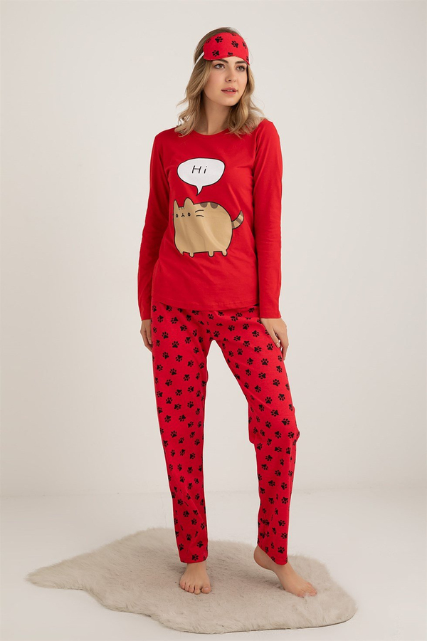 Patili Baskılı Pijama Takımı - KIRMIZI