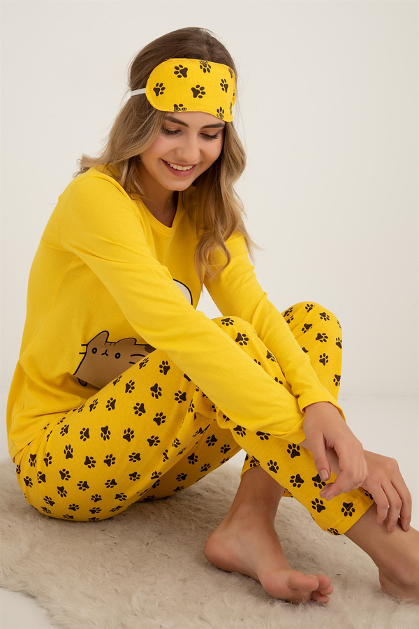 Patili Baskılı Pijama Takımı - SARI