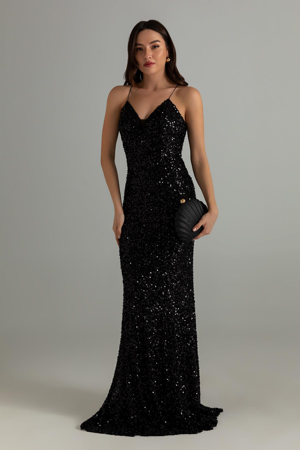 Payetli Balık Abiye - SİYAH