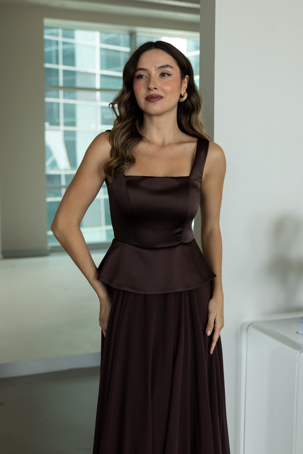 Peplum Detaylı Şifon Etekli Abiye - KAHVERENGİ