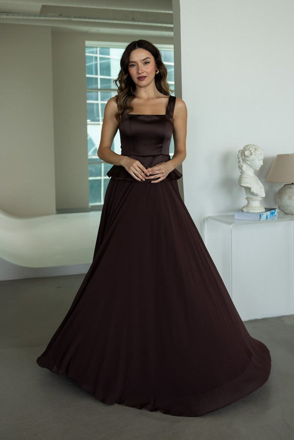Peplum Detaylı Şifon Etekli Abiye - KAHVERENGİ