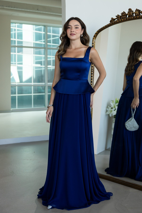 Peplum Detaylı Şifon Etekli Abiye - LACİVERT