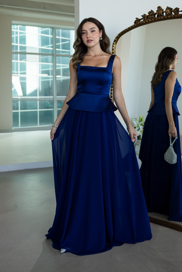 Peplum Detaylı Şifon Etekli Abiye - LACİVERT