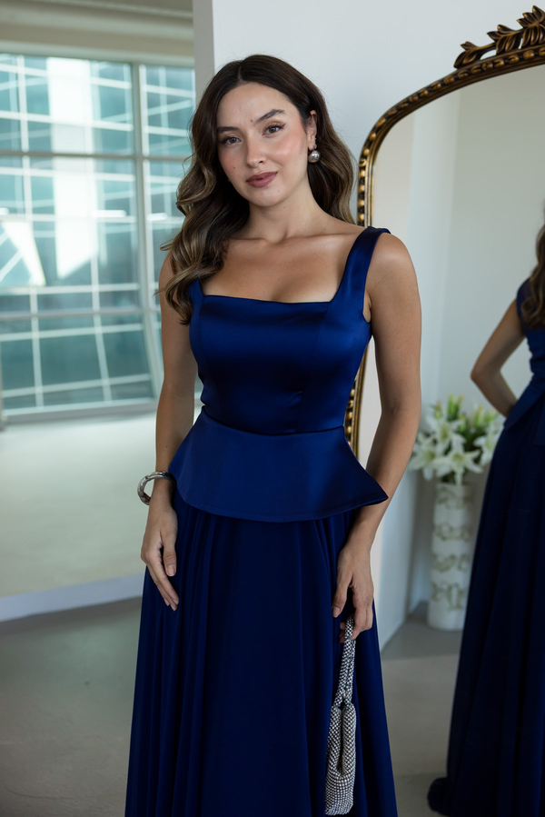 Peplum Detaylı Şifon Etekli Abiye - LACİVERT