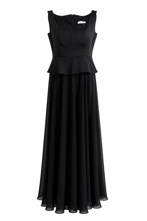 Peplum Detaylı Şifon Etekli Abiye - SİYAH
