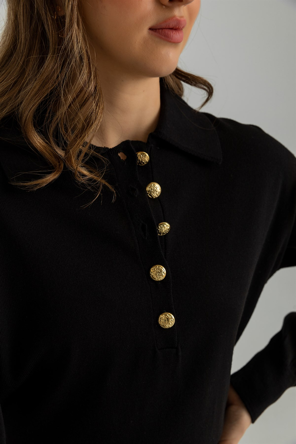 Polo Yaka Gold Düğmeli Triko - SİYAH