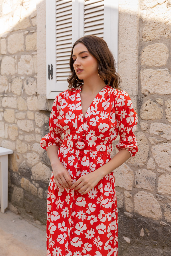 Poplin Düğmeli Elbise - KIRMIZI
