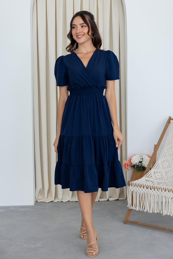 Poplin Kruvaze Elbise - LACİVERT