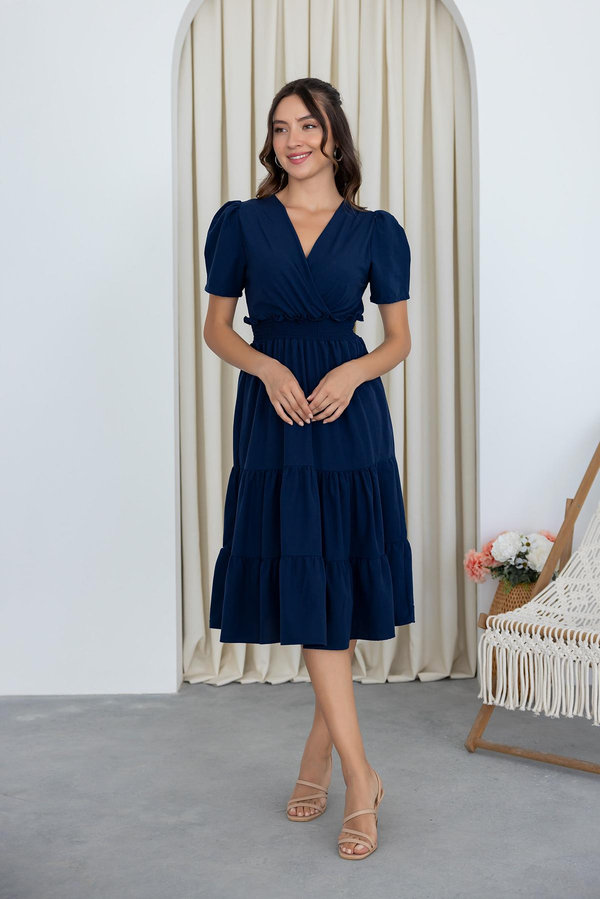 Poplin Kruvaze Elbise - LACİVERT