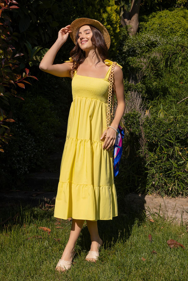 Poplin Omuz Bağlamalı Elbise - SARI