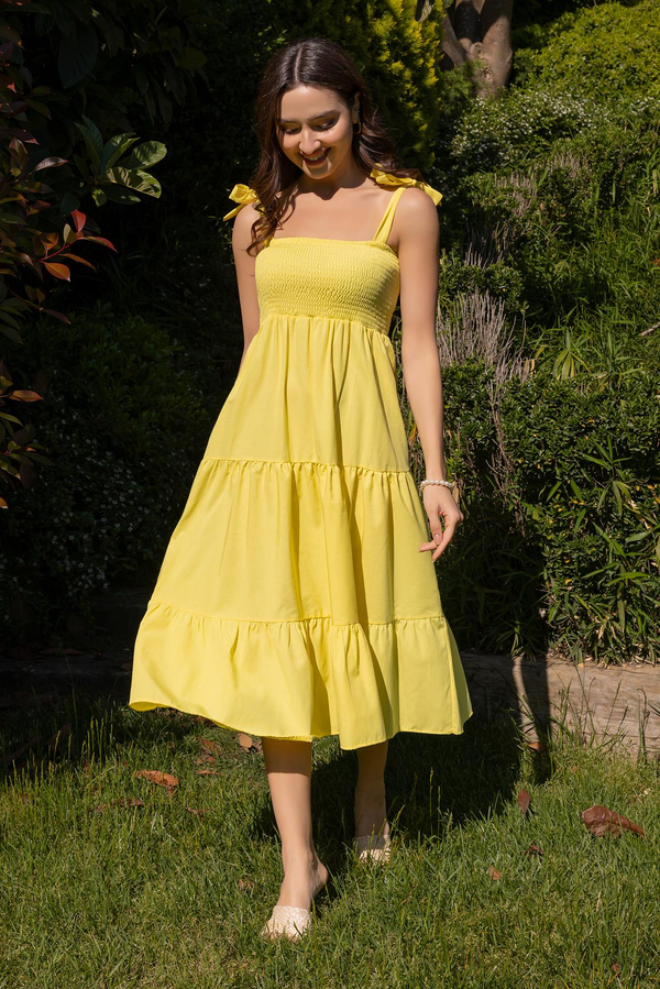 Poplin Omuz Bağlamalı Elbise - SARI
