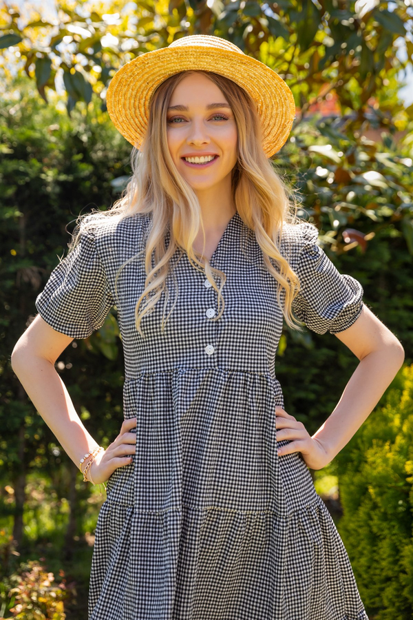 Pötikareli Gofre Elbise - SİYAH