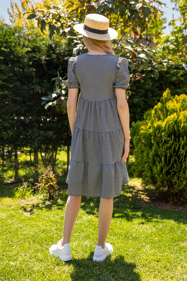 Pötikareli Gofre Elbise - SİYAH