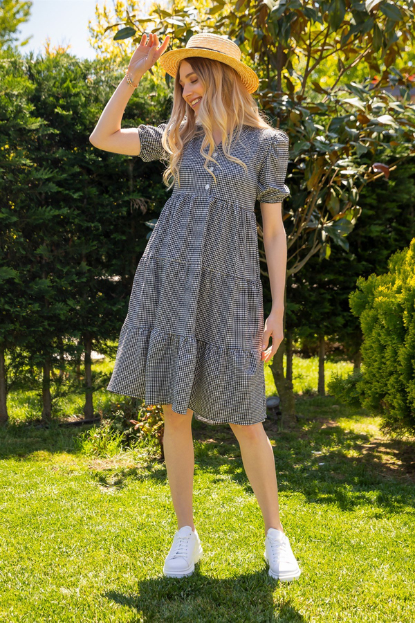 Pötikareli Gofre Elbise - SİYAH