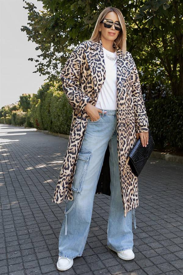 Premium Kruvaze Yaka Leopar Desen Kaban - BEJ