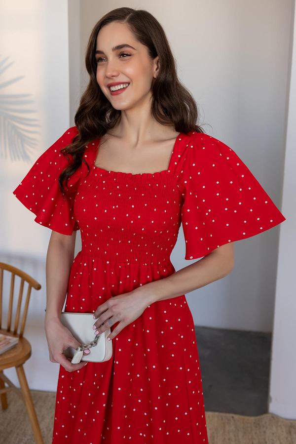 Puantiye Desenli Elbise - KIRMIZI