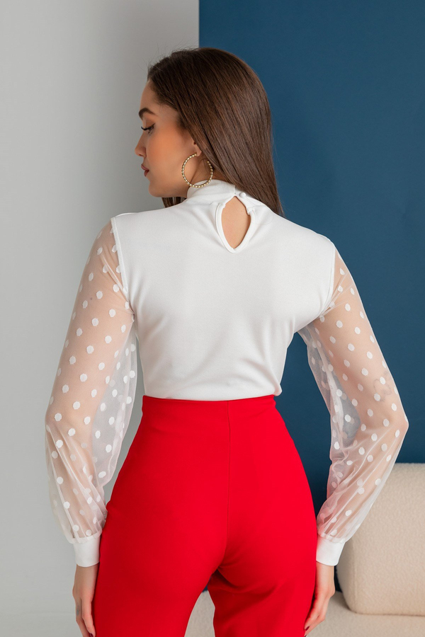 Puantiye Kol Bodysuit - BEYAZ
