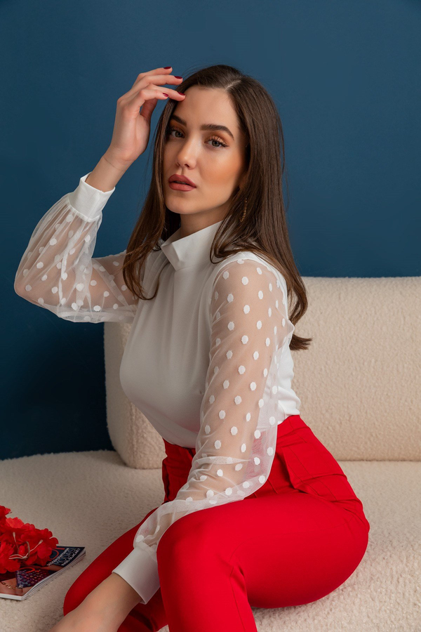 Puantiye Kol Bodysuit - BEYAZ