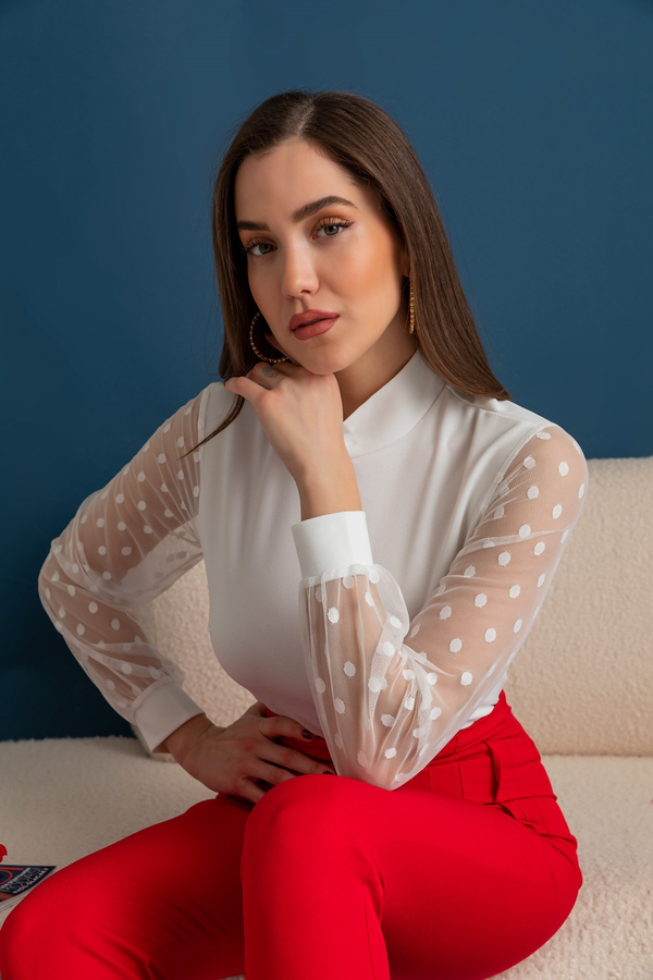 Puantiye Kol Bodysuit - BEYAZ