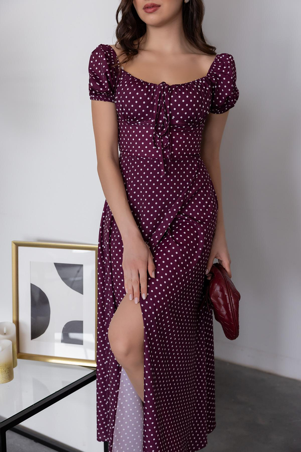 Puantiyeli Maxi Elbise - BORDO