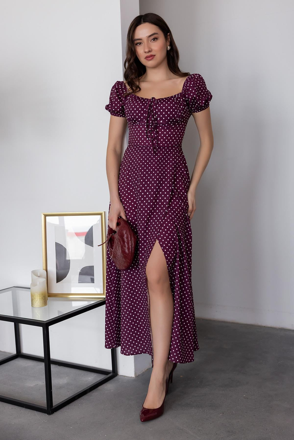 Puantiyeli Maxi Elbise - BORDO