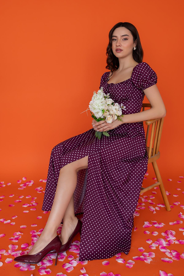 Puantiyeli Maxi Elbise - BORDO