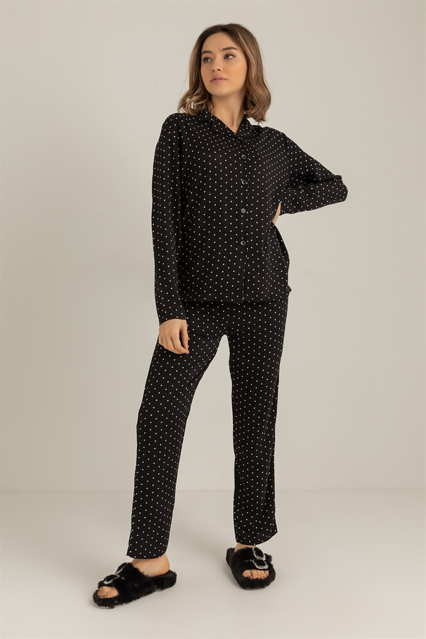 Puantiyeli Pamuk Pijama Takım - SİYAH