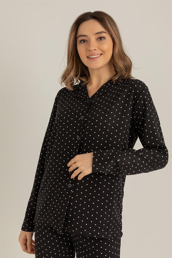 Puantiyeli Pamuk Pijama Takım - SİYAH