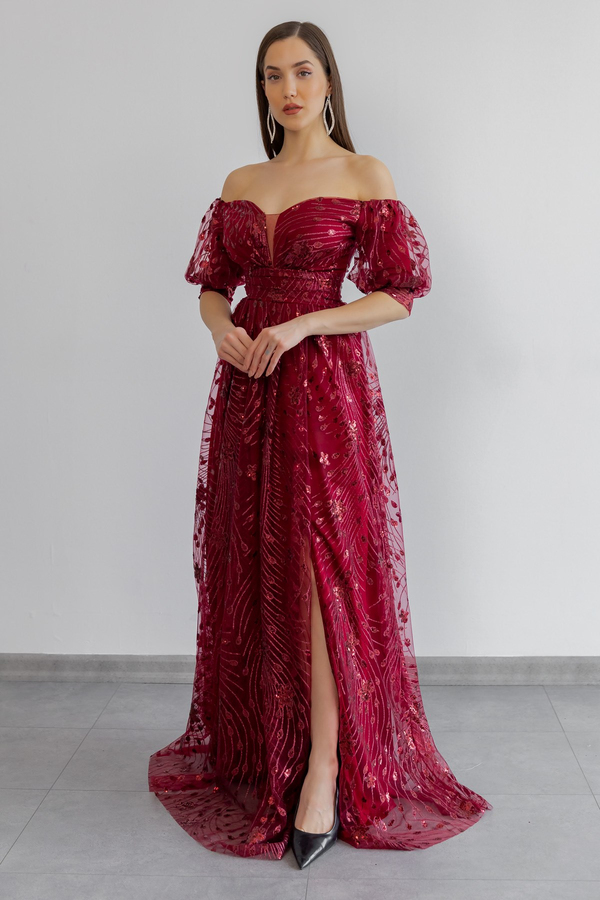 Pul İşlemeli Abiye - BORDO