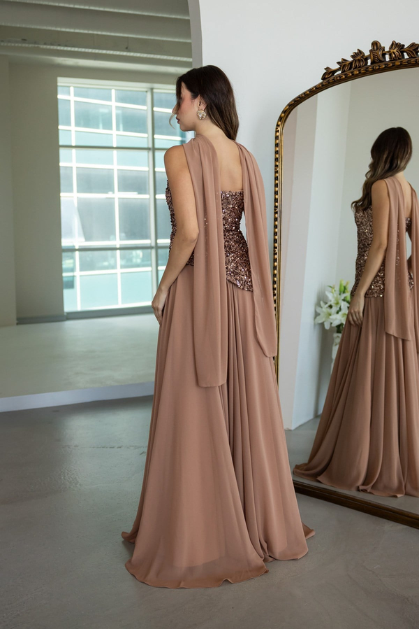 Pul Payet Detaylı Şifon Elbise - BRONZ