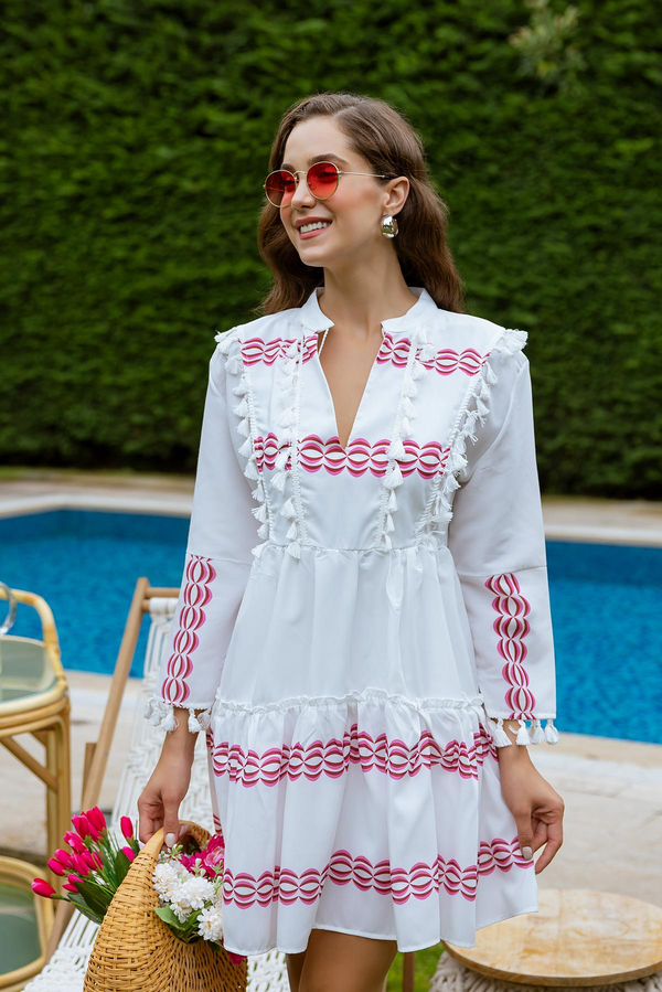 Püsküllü Mini Elbise - BEYAZ