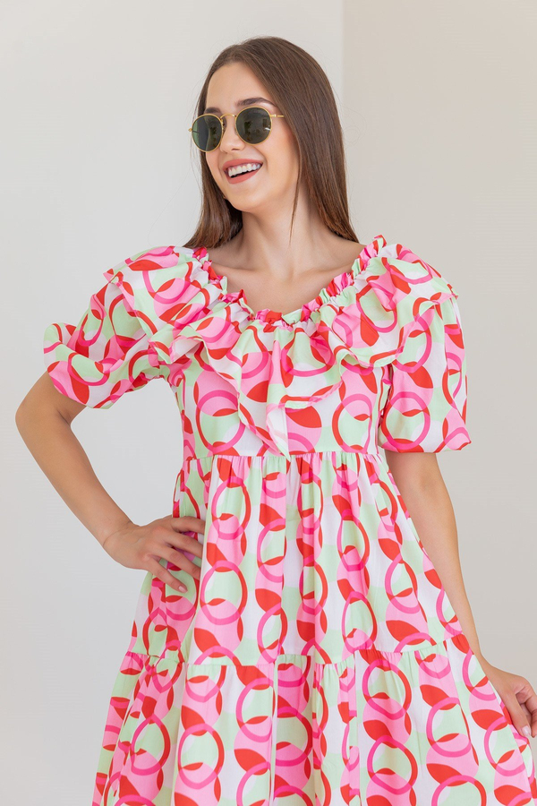 Renkli Halkalı Poplin Elbise - PEMBE