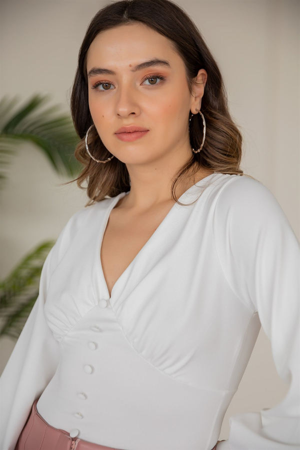 Sahte Düğme Crop Bluz - BEYAZ