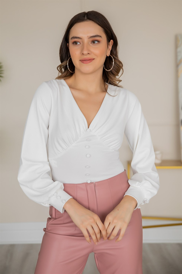 Sahte Düğme Crop Bluz - BEYAZ