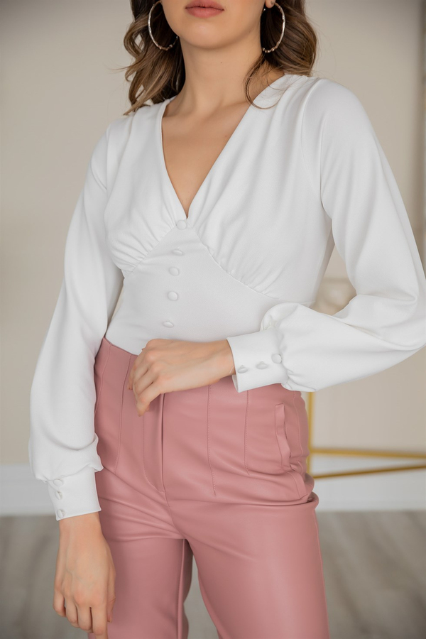 Sahte Düğme Crop Bluz - BEYAZ