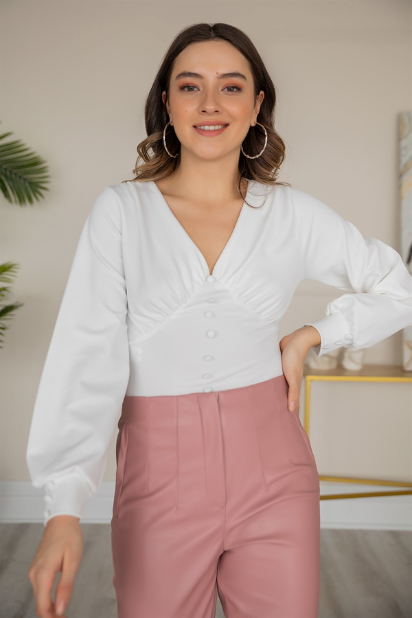 Sahte Düğme Crop Bluz - BEYAZ
