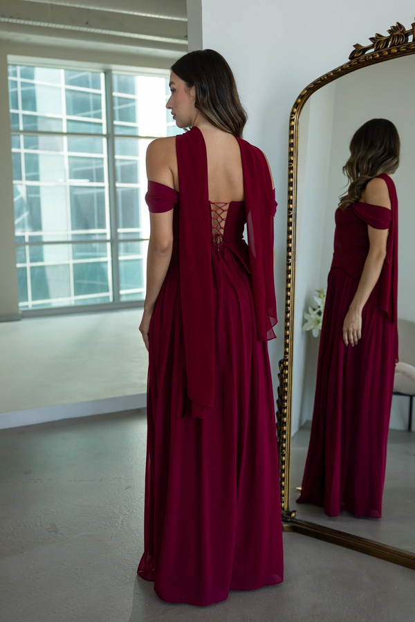 Şal Detaylı Eteği Şifon Abiye - BORDO